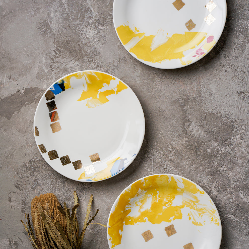 yellow with gold luxury artistic dinner collection, doted design plates